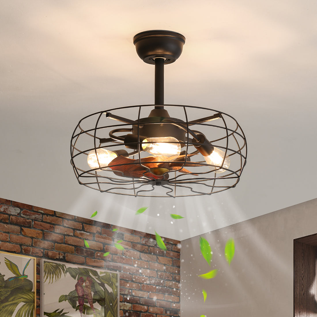 19Inch Cage Retro Reiling Fan With Lights Note:No On Bulbs Black Rustic Iron