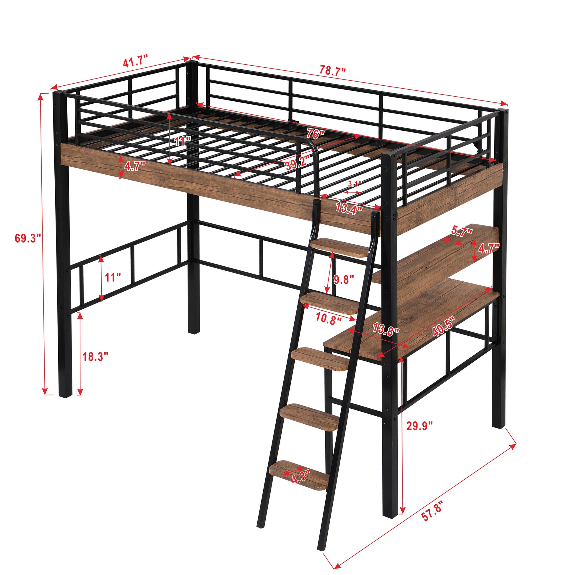 Metal Twin Size Loft Bed With Built In Desk, Storage Shelf And Ladder, Black Box Spring Not Required Black Metal Metal & Wood