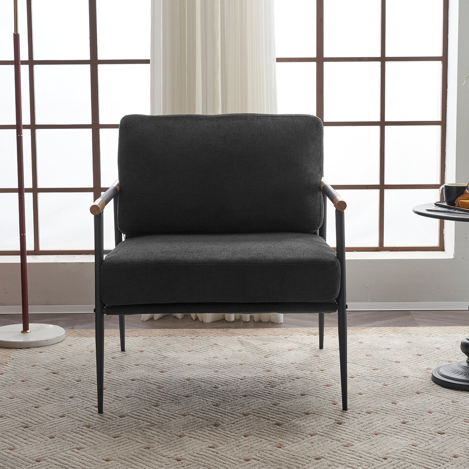Leisure Lounge Chair Arm Chair With Metal Frame, Upholstered Side Chair Comfy Sitting Chair For Living Room, Black Chenille Black Chenille