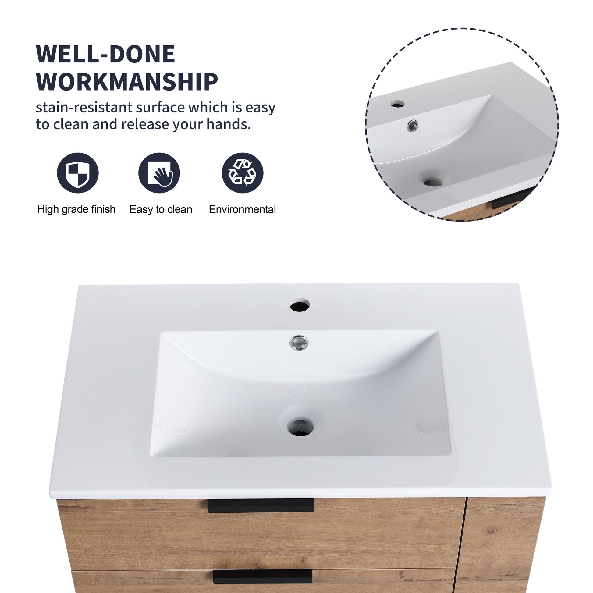 30 Inch Wall Mounting Bathroomg Vanity With Sink, Soft Close Drawer And Side Shelf G Bvb01430Imo Grb3020Mowh Imitative Oak Plywood