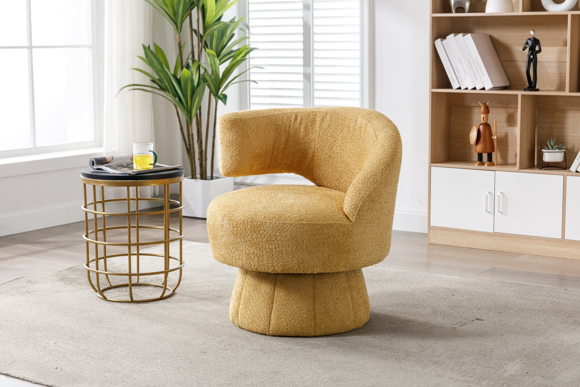 360 Degree Swivel Cuddle Barrel Accent Chairs, Round Armchairs With Wide Upholstered, Fluffy Fabric Chair For Living Room, Bedroom, Office, Waiting Rooms Yellow Foam Boucle