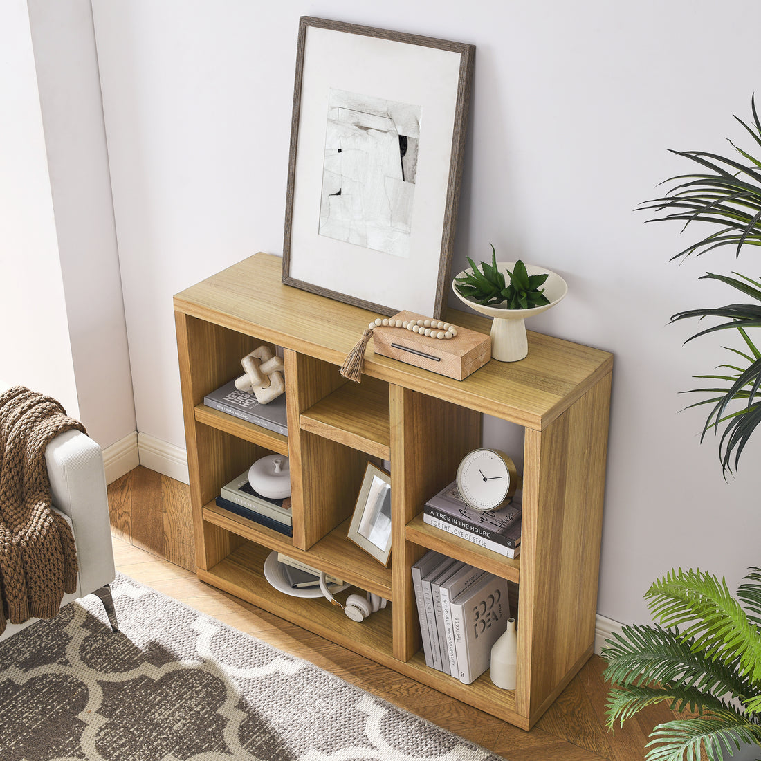Open Wooden Open Shelf Bookcase, Freestanding Display Storage Cabinet With 7 Cube Storage Spaces, Floor Standing Bookshelf, Entryway, Living Room Storage Cabinet Natural Wood Mdf