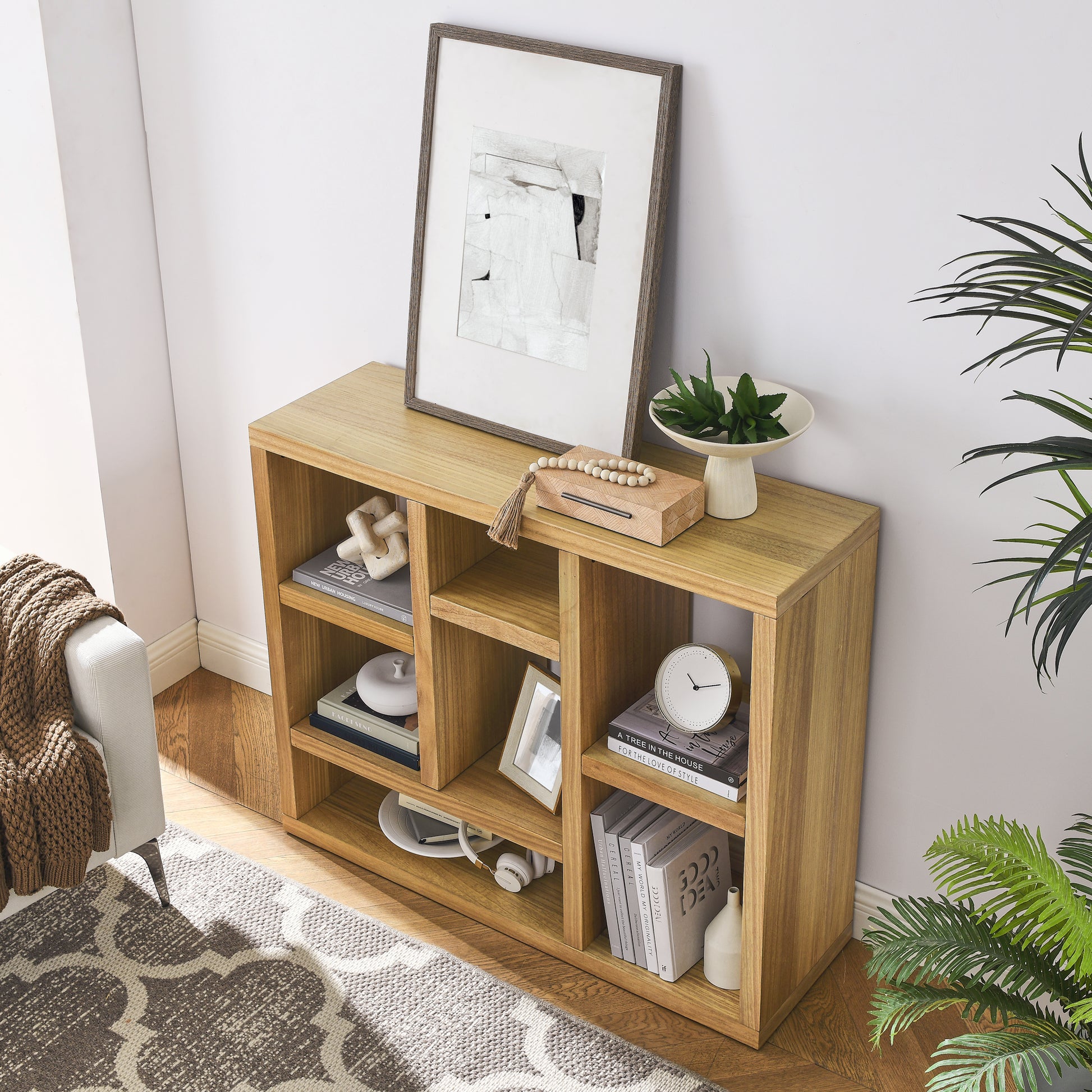 Open Wooden Open Shelf Bookcase, Freestanding Display Storage Cabinet With 7 Cube Storage Spaces, Floor Standing Bookshelf, Entryway, Living Room Storage Cabinet Natural Wood Mdf