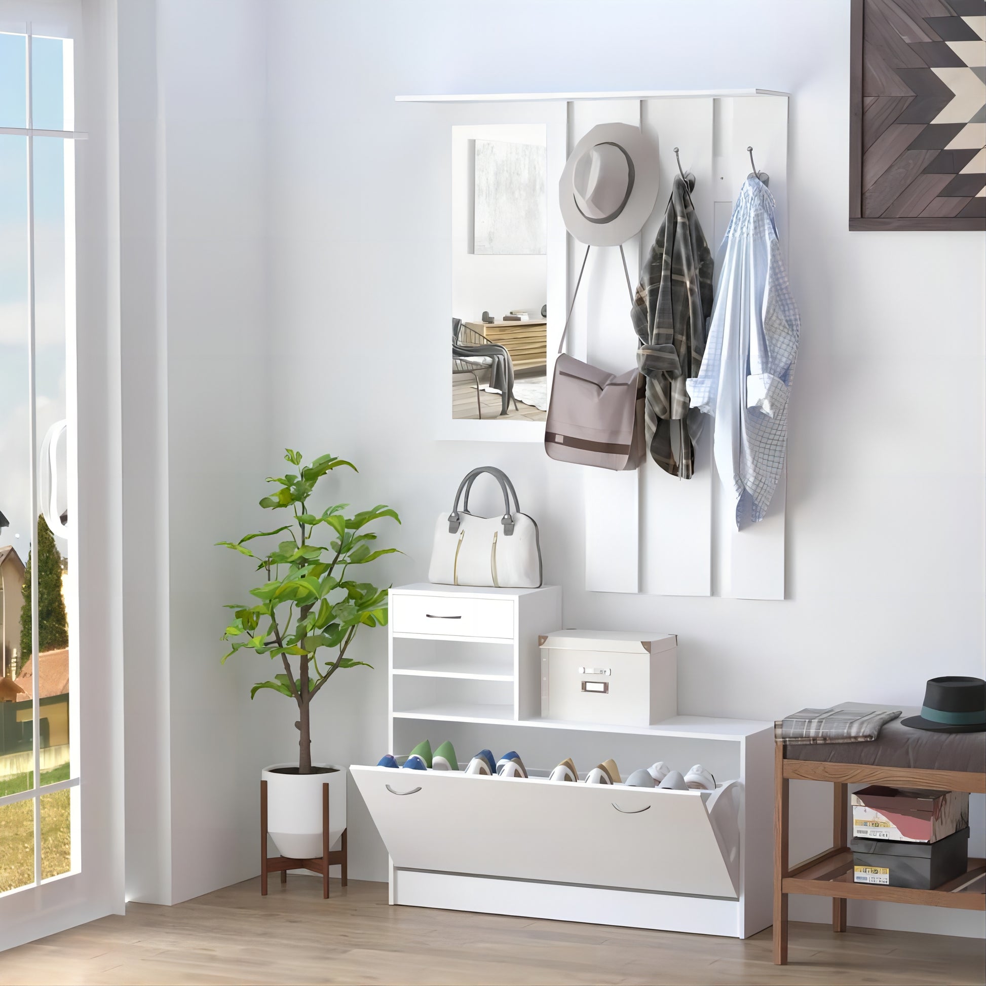 Combination Model Gate Cabinet With Shoe Cabinet Hang Shelf Mirror Standard 1 2 Drawers Matte White Primary Living Space Drawers Included Modern Melamine