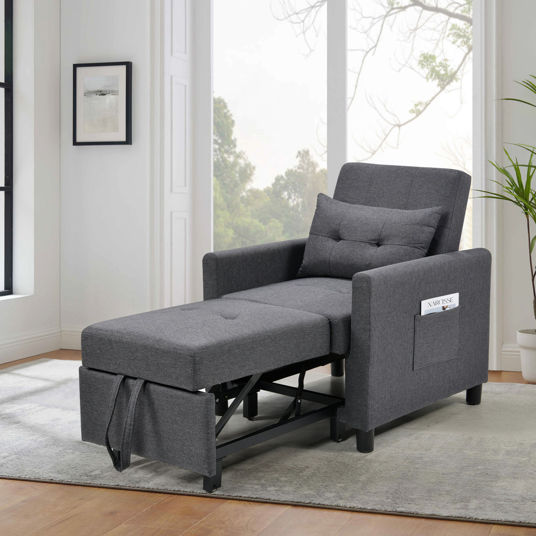 3 In 1 Convertible Futon Sofa Bed With Adjustable Backrest, Single Sofa Bed With Pull Out Sleeper, Convertible Futon Chair For Living Room, Side Bag And 1 Lumbar Pillow,Dark Gray Dark Gray Linen Wood Fabric 1 Seat