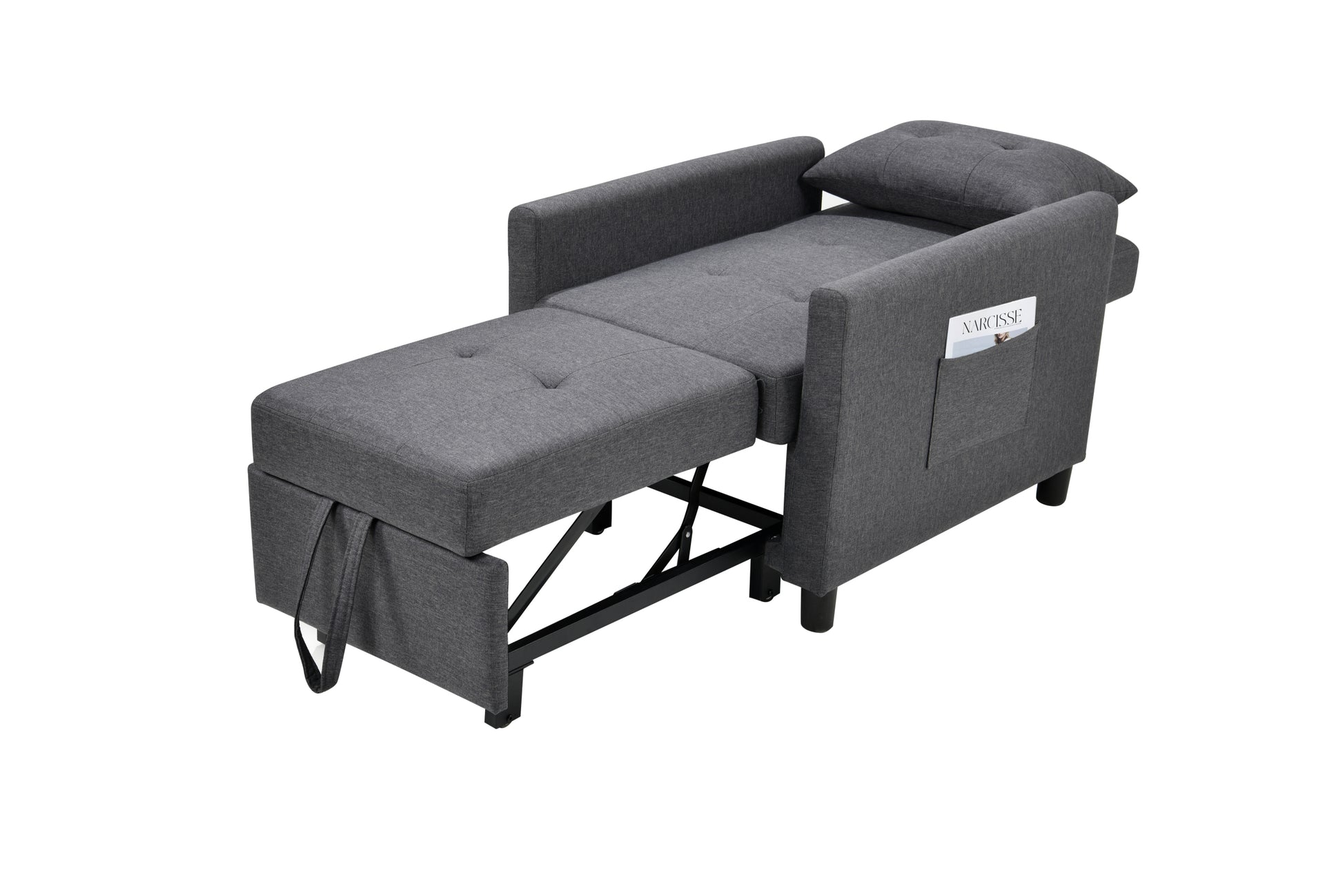 3 In 1 Convertible Futon Sofa Bed With Adjustable Backrest, Single Sofa Bed With Pull Out Sleeper, Convertible Futon Chair For Living Room, Side Bag And 1 Lumbar Pillow,Dark Gray Dark Gray Linen Wood Fabric 1 Seat