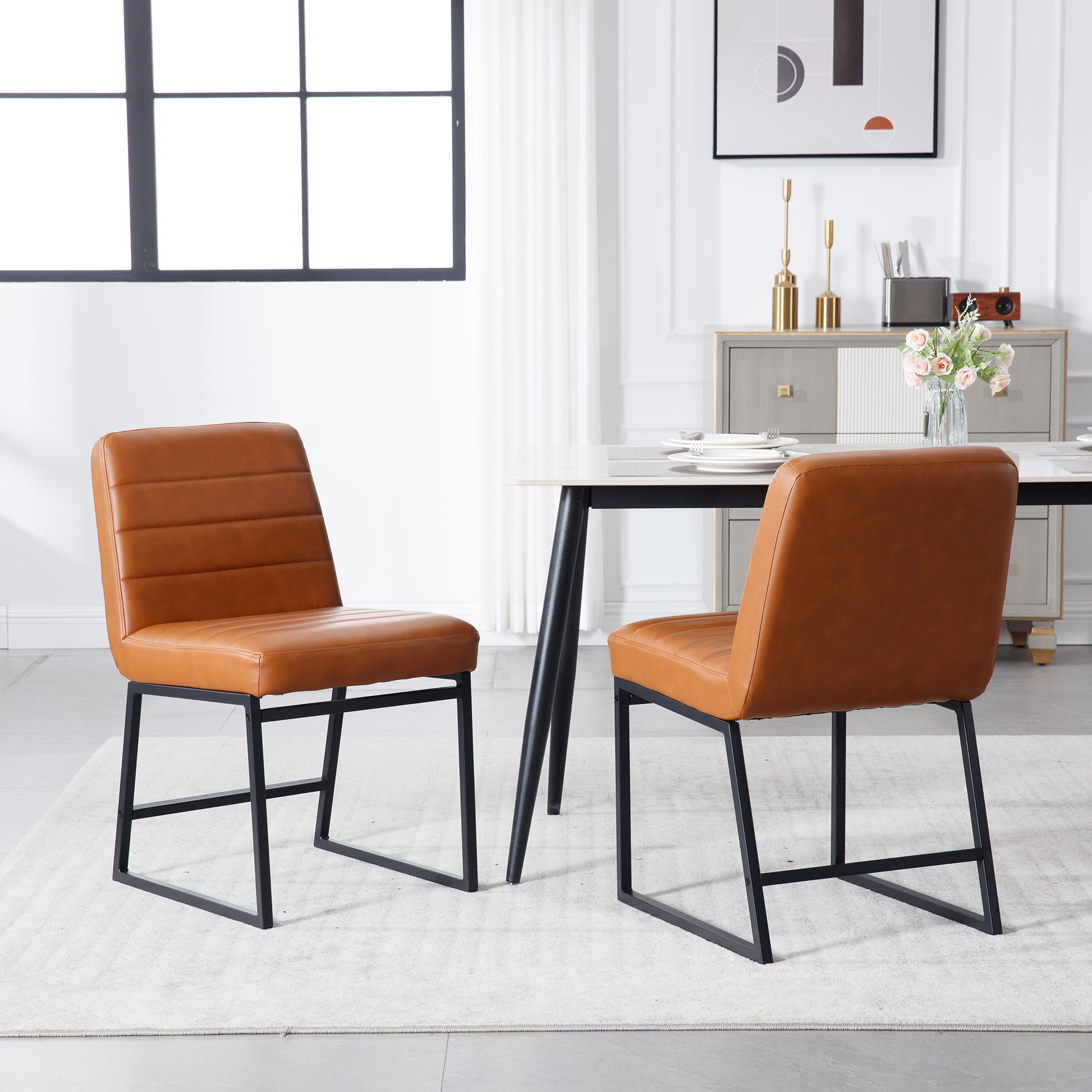 Upholstered Leather Dining Chairs Set Of 2 With Metal Legs, Mid Century Modern Leisure Chairs For Kitchen Living Room Dining Room Bistro Coffee Shop,Brown Brown Dining Room Foam Dry Clean Modern Dining Chairs Foam Pu Leather