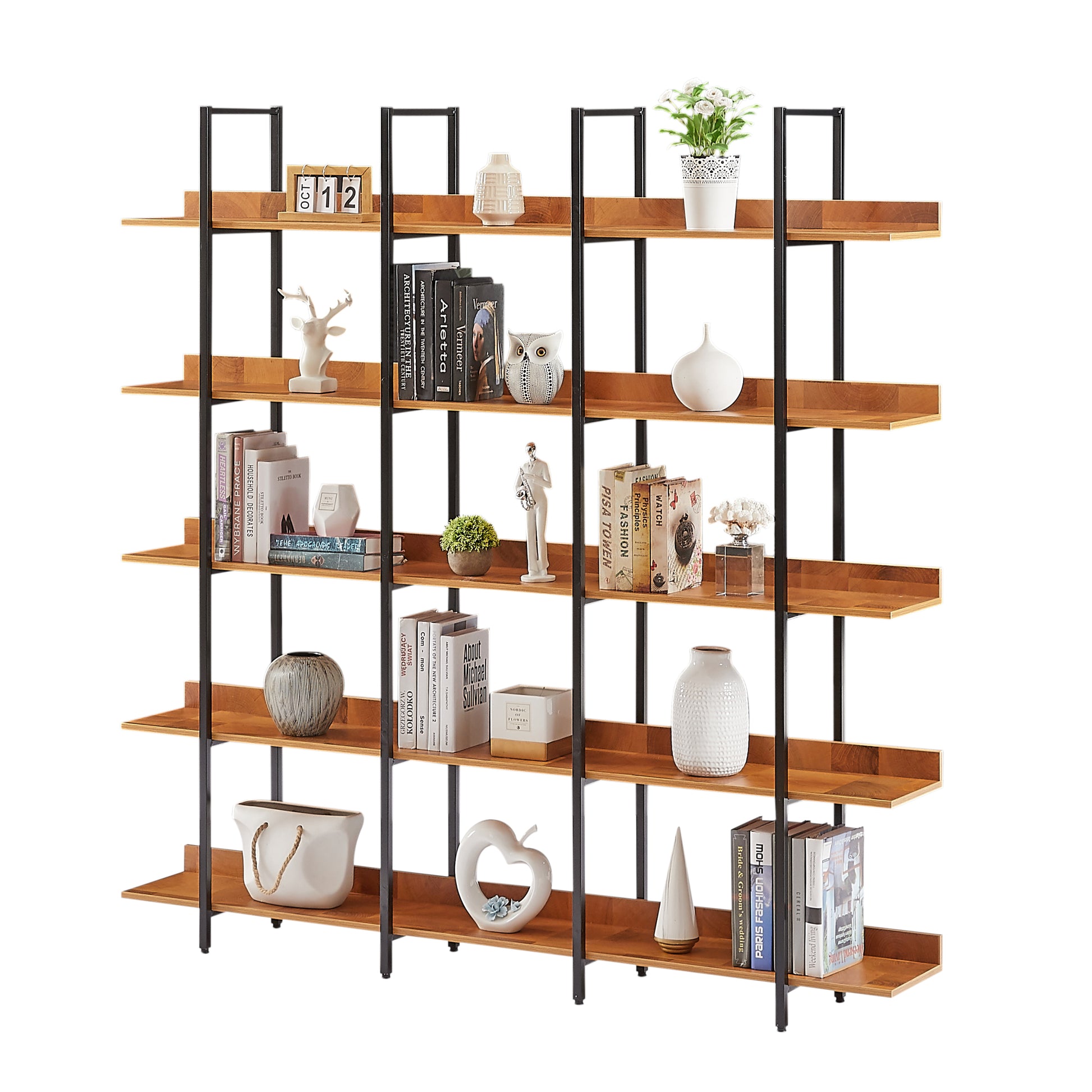 5 Tier Bookcase Home Office Open Bookshelf, Vintage Industrial Style Shelf, Mdf Board, Black Metal Frame, Brown Black Brown Mdf Steel