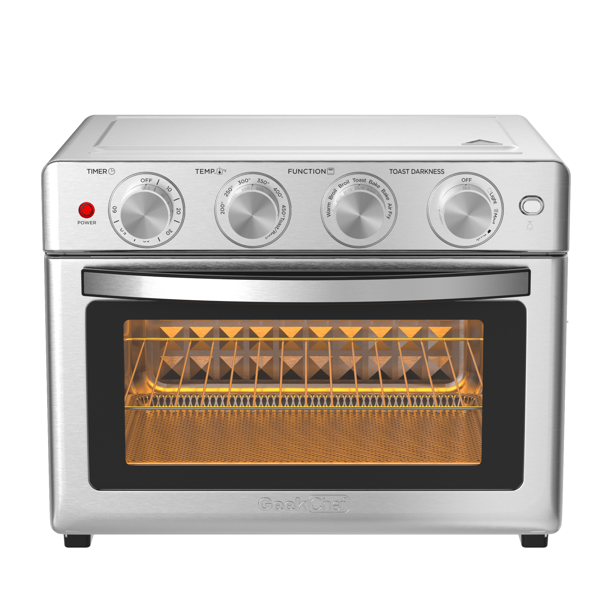 Geek Chef 6 Slice 26Qt 26L Air Fryer Fry Oil Free, Extra Large Toaster Oven Combo, Air Fryer Oven, Roast, Bake, Broil,Convection Countertop Oven, Accessories Included, Stainless St Ban On Silver Stainless Steel