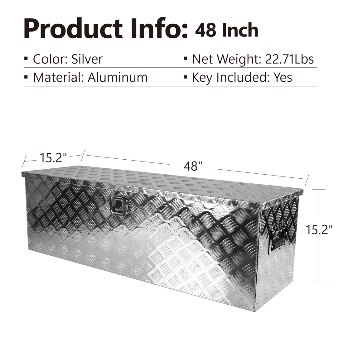 48 Inch Heavy Duty Silver Aluminum Stripes Plated Tool Long Box Pick Up Truck Bed Rv Trailer Toolbox Storage Organizer, Waterproof Underbody Tool Box Storage With Lock And Key 48" 15.2" 15.2" Silver Aluminum