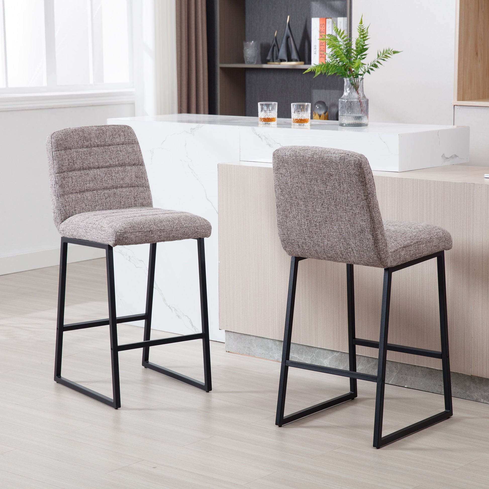 Low Bar Stools Set Of 2 Bar Chairs For Living Room Party Room Kitchen,Upholstered Linen Fabric Kitchen Breakfast Bar Stools With Footrest,Coffee Coffee Kitchen Foam Dry Clean Modern Bar Stools Foam Linen