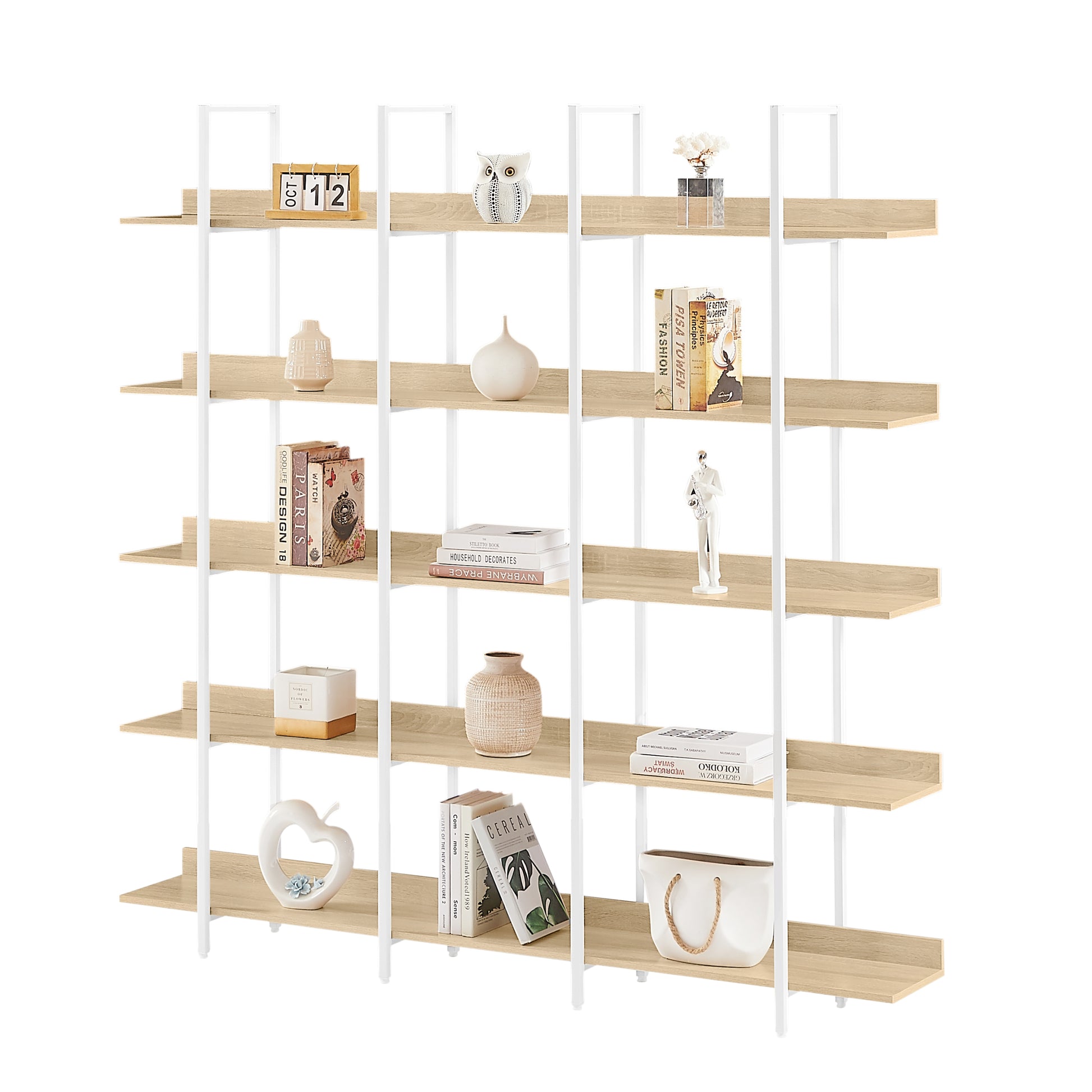 5 Tier Bookcase Home Office Open Bookshelf, Vintage Industrial Style Shelf, Mdf Board, White Metal Frame, Oak White Oak Mdf Steel