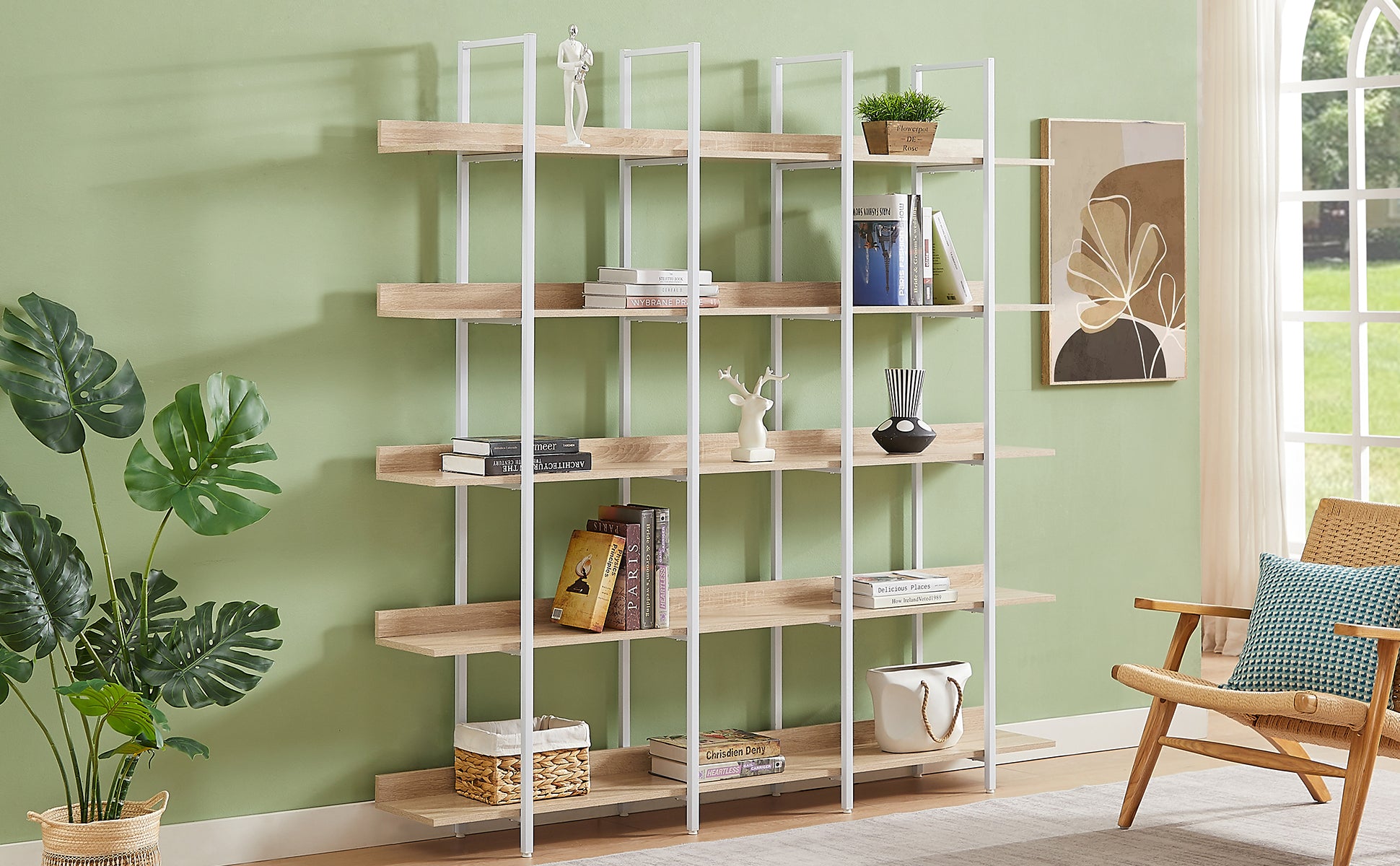 5 Tier Bookcase Home Office Open Bookshelf, Vintage Industrial Style Shelf, Mdf Board, White Metal Frame, Oak White Oak Mdf Steel