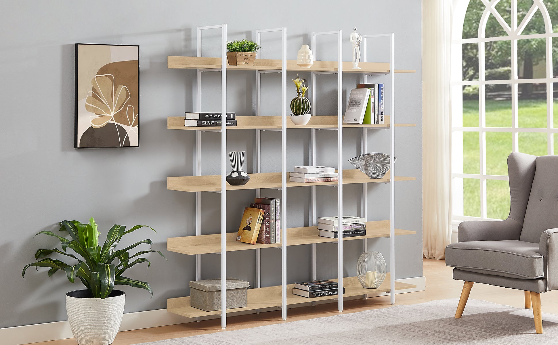 5 Tier Bookcase Home Office Open Bookshelf, Vintage Industrial Style Shelf, Mdf Board, White Metal Frame, Oak White Oak Mdf Steel