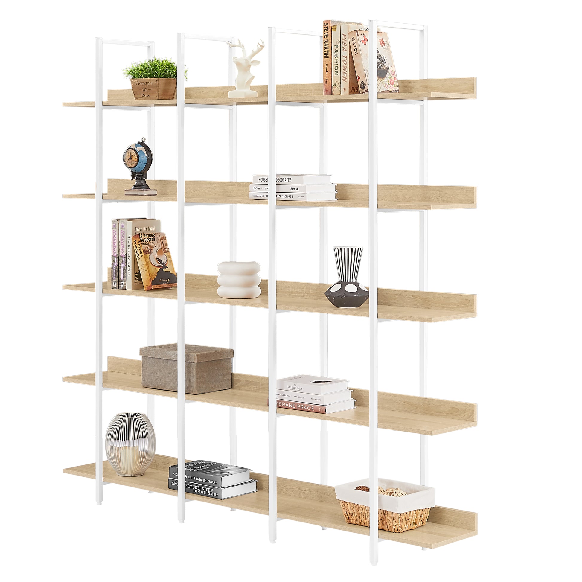 5 Tier Bookcase Home Office Open Bookshelf, Vintage Industrial Style Shelf, Mdf Board, White Metal Frame, Oak White Oak Mdf Steel