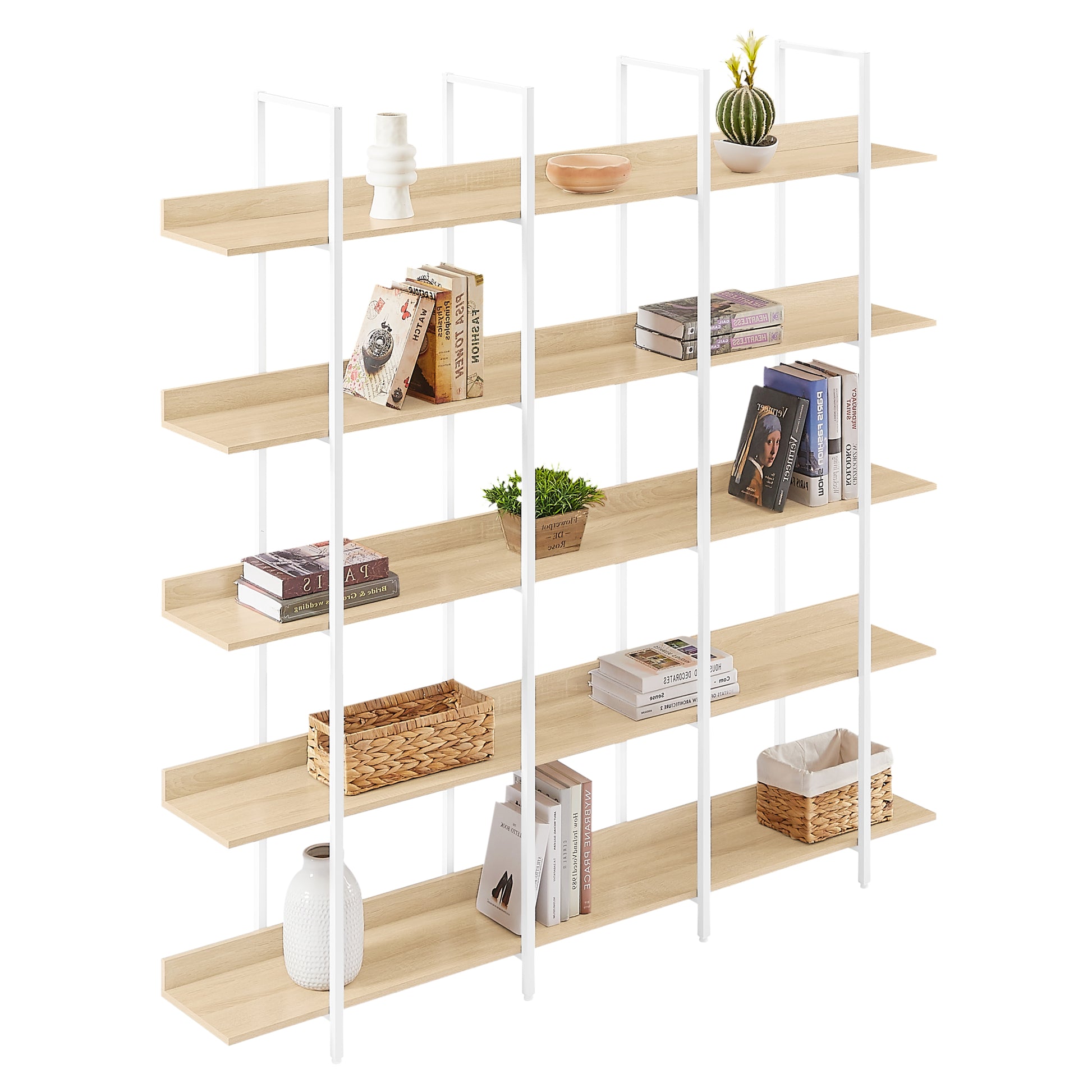 5 Tier Bookcase Home Office Open Bookshelf, Vintage Industrial Style Shelf, Mdf Board, White Metal Frame, Oak White Oak Mdf Steel