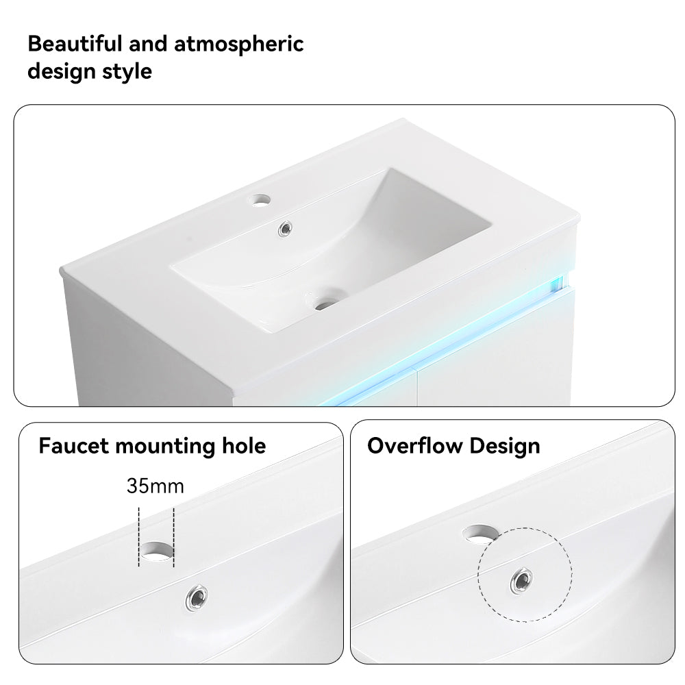 24" Bathroom Vanity With Sink, Radar Sensing Light, Large Storage Space And Metal Legs, Wall Mounted Standing Bathroom Vanity Sink,White White Solid Wood