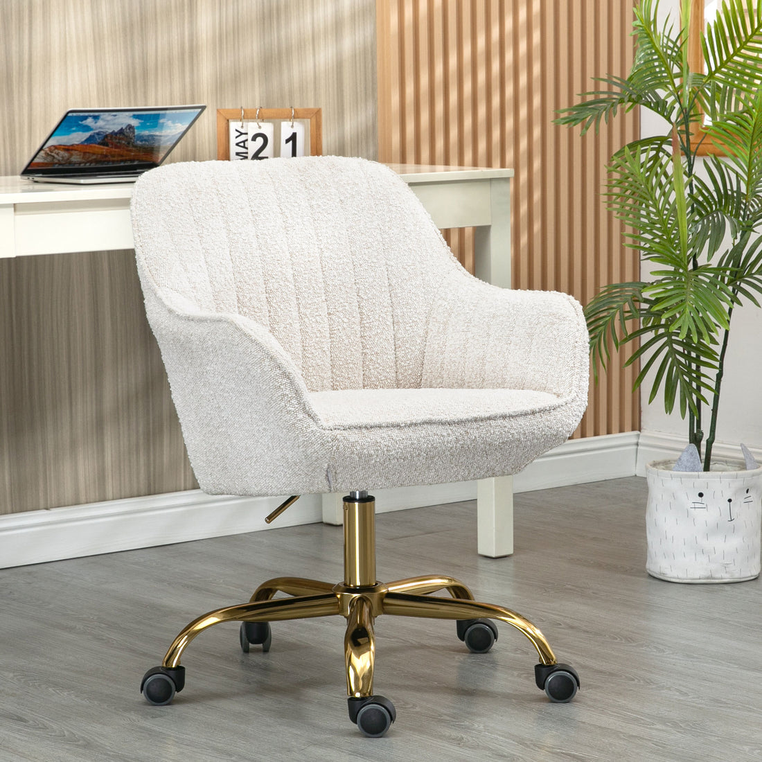 360 Beige Boucle Fabric Swivel Chair With High Back, Adjustable Working Chair With Golden Color Base Beige Velvet