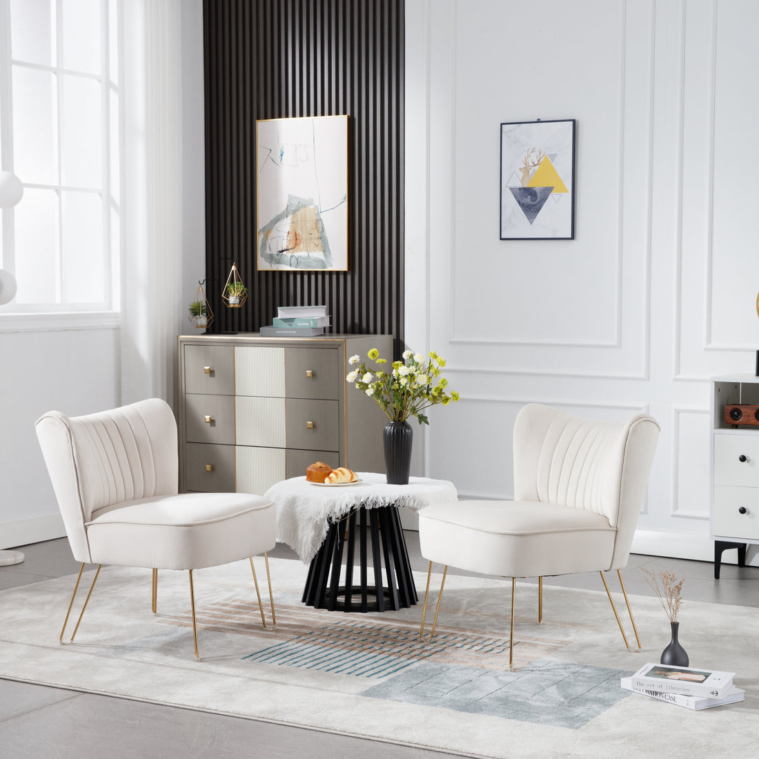 Hengming Modern Velvet Chair, Armless Side Chair, Metal Leg Chair, Suitable For Living Room And Bedroom Set Of 2 Beige Velvet