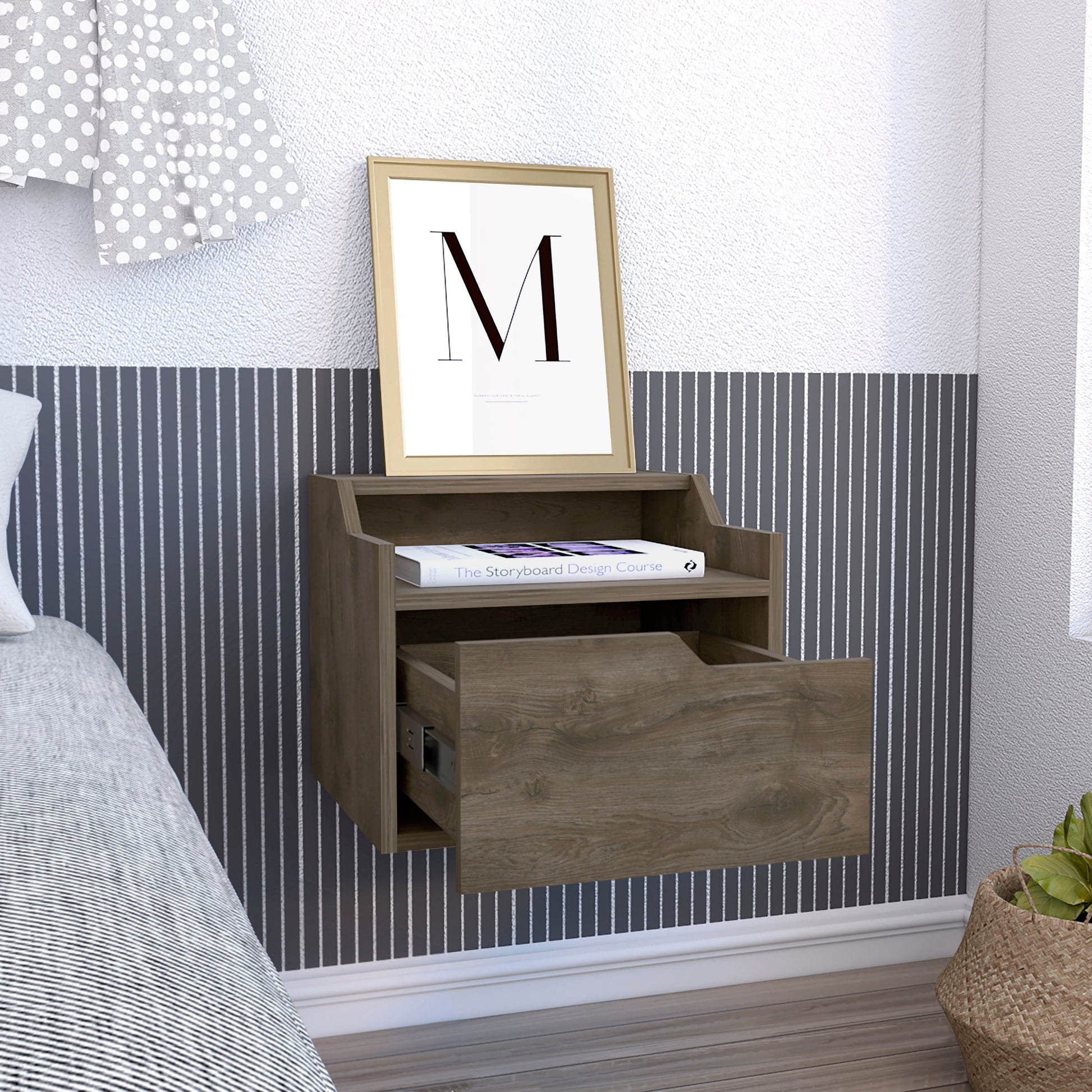 Busan Modern Floating Nightstandend Table, Side Table Single Drawer Design With Sleek Two Tiered Top Shelf Surfaces Dark Brown Bedroom Brown Particle Board Particle Board