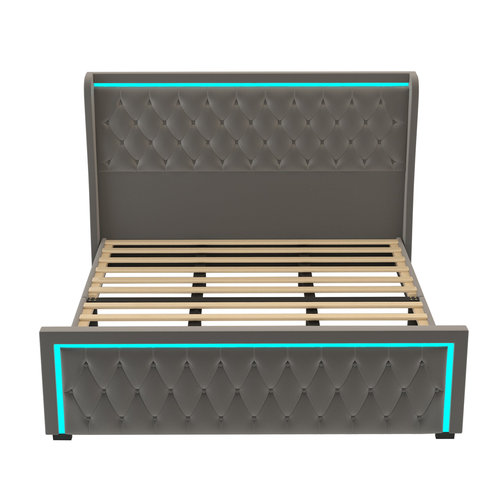 King Platform Bed Frame With High Headboard, Velvet Upholstered Bed With Deep Tufted Buttons, Adjustable Colorful Led Light Decorative Headboard, Wide Wingbacks, Grey King Grey Velvet