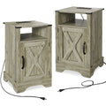 Farmhouse Nightstand Side Table, Wooden Rustic End Table, Tall Bedside Table With Electrical Outlets Charging Station 2 Sets Light Gray Light Grey Engineered Wood