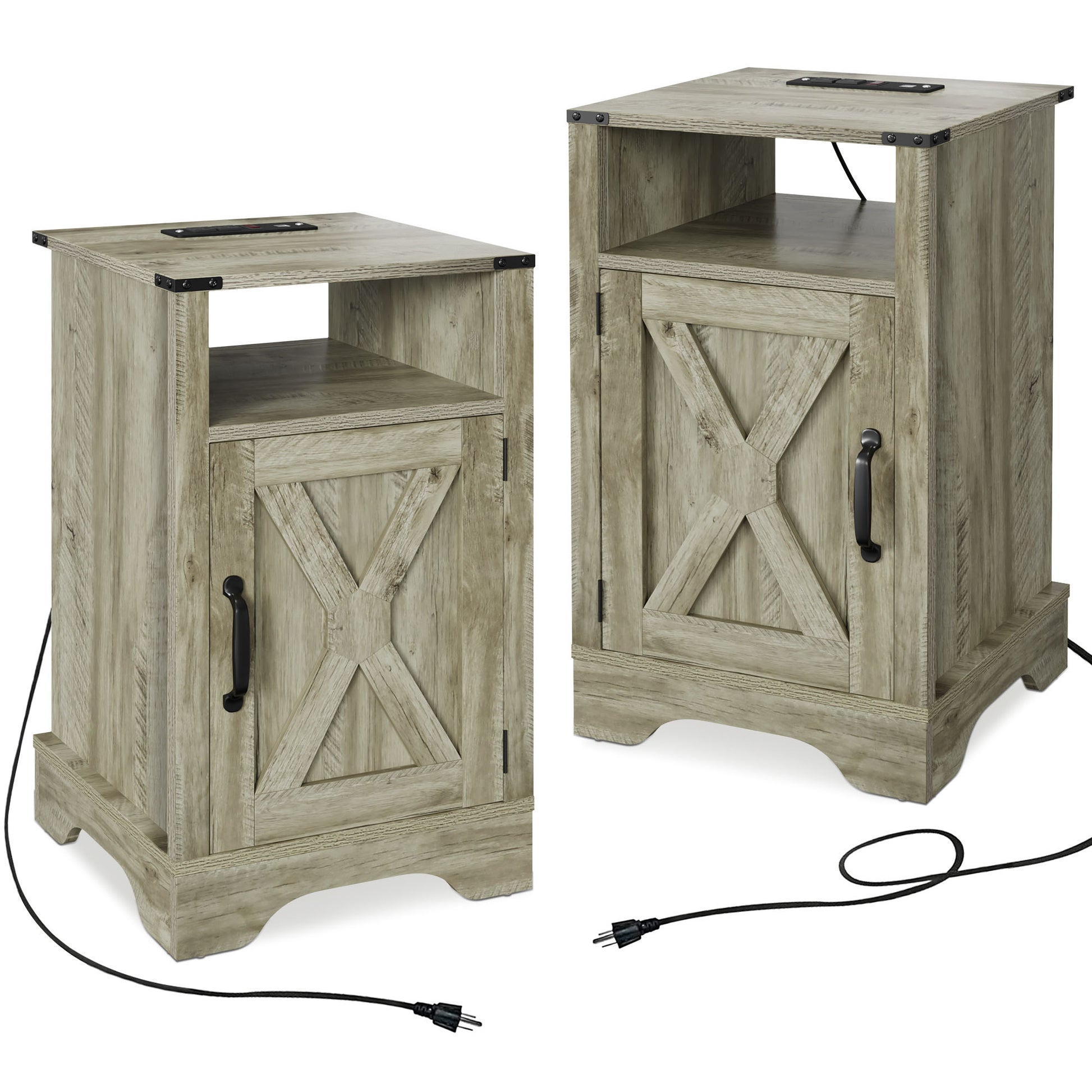 Farmhouse Nightstand Side Table, Wooden Rustic End Table, Tall Bedside Table With Electrical Outlets Charging Station 2 Sets Light Gray Light Grey Engineered Wood
