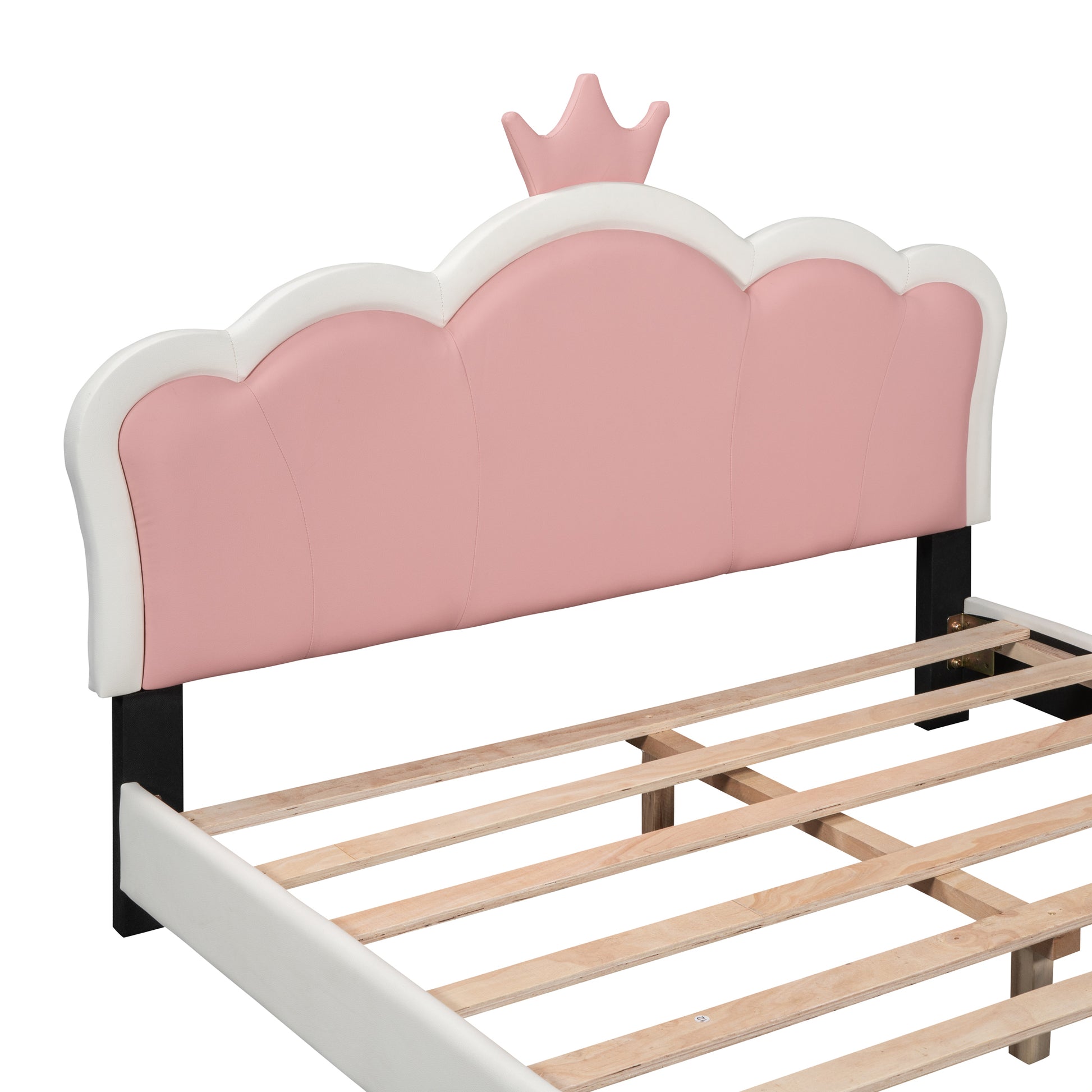 Full Size Upholstered Princess Bed With Crown Headboard,Full Size Platform Bed With Headboard And Footboard, White Pink Full White Pu
