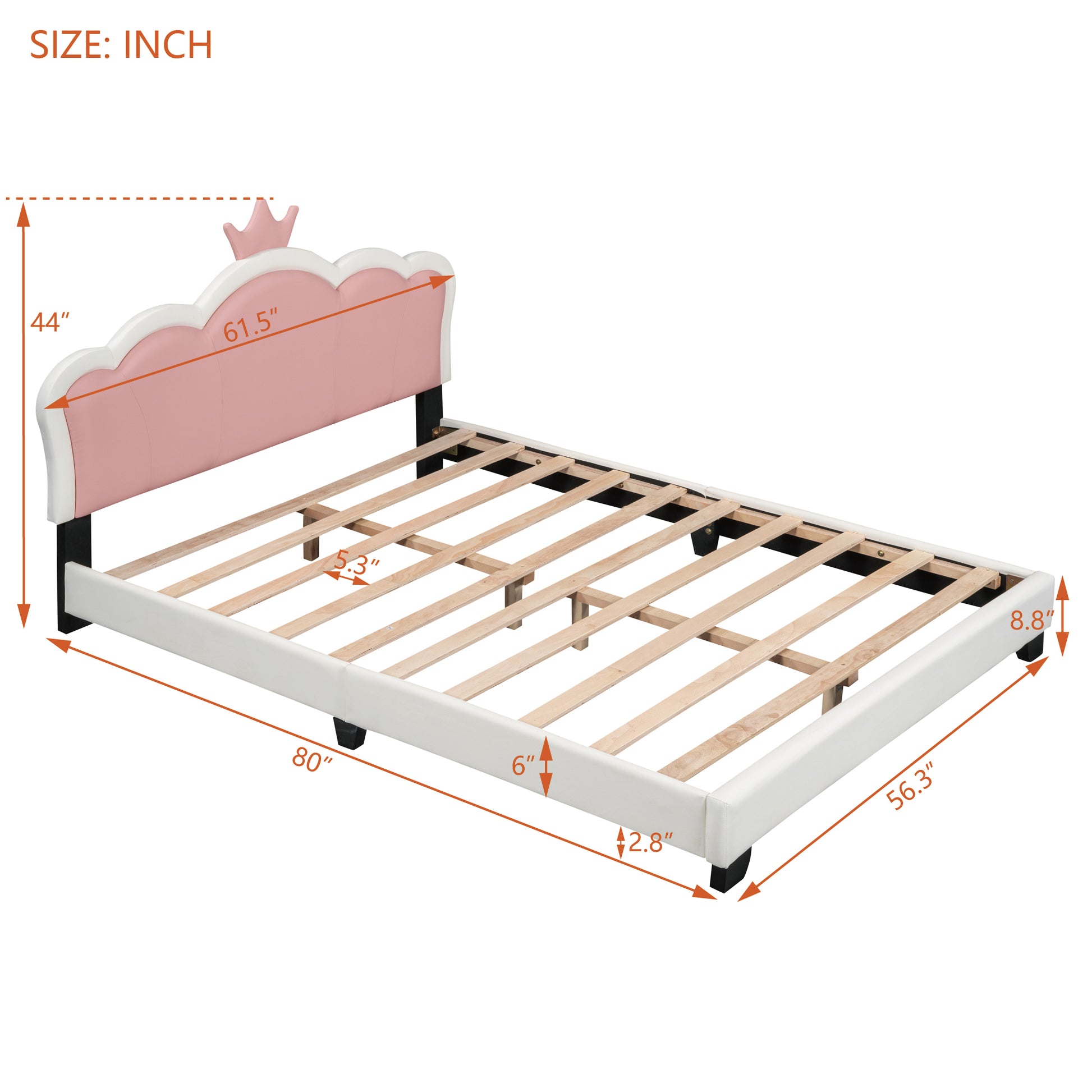 Full Size Upholstered Princess Bed With Crown Headboard,Full Size Platform Bed With Headboard And Footboard, White Pink Full White Pu