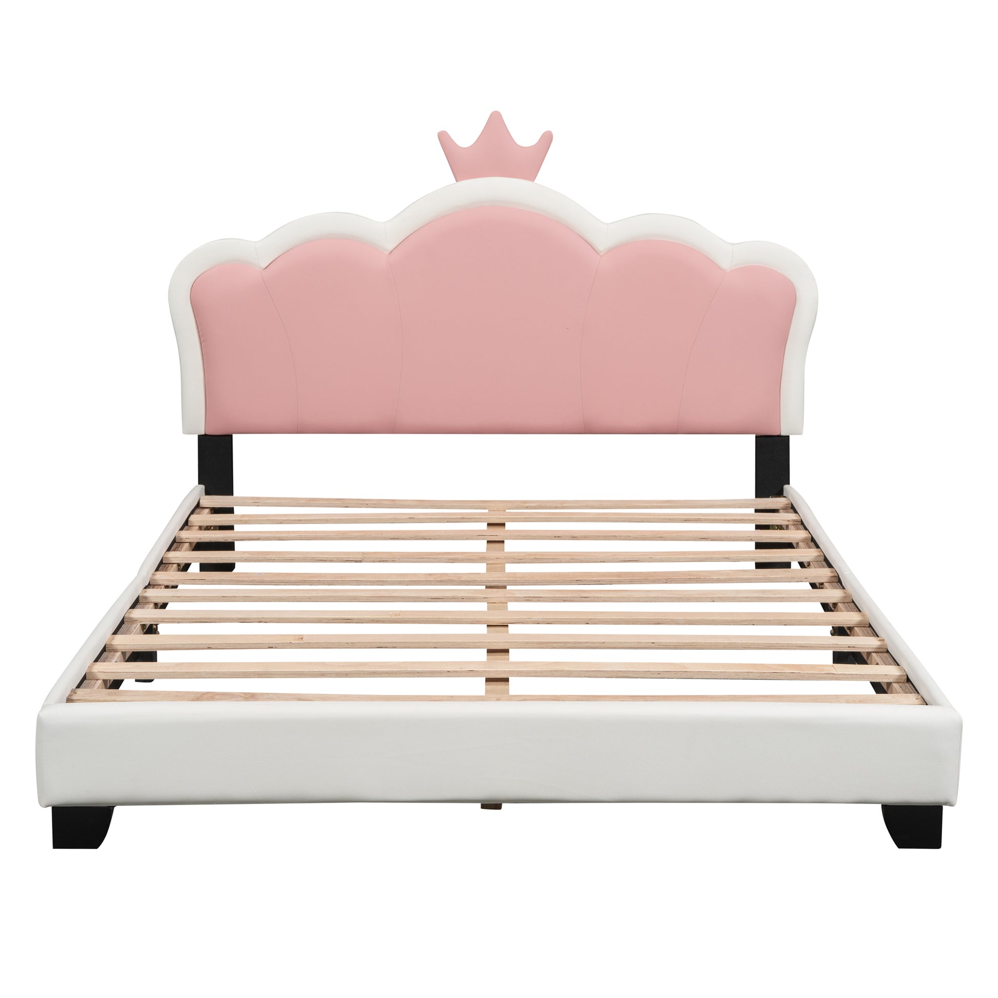 Full Size Upholstered Princess Bed With Crown Headboard,Full Size Platform Bed With Headboard And Footboard, White Pink Full White Pu