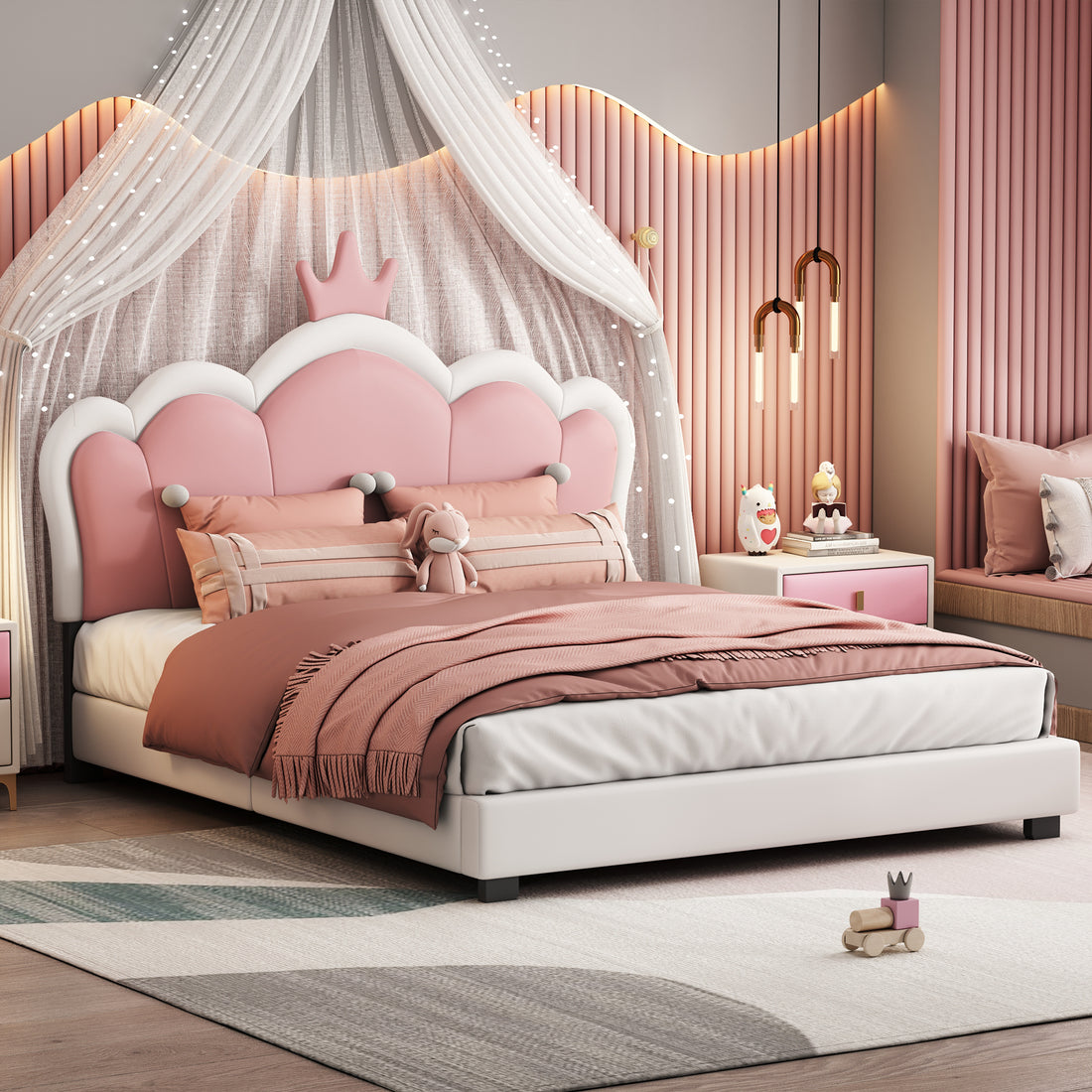 Full Size Upholstered Princess Bed With Crown Headboard,Full Size Platform Bed With Headboard And Footboard, White Pink Full White Pu