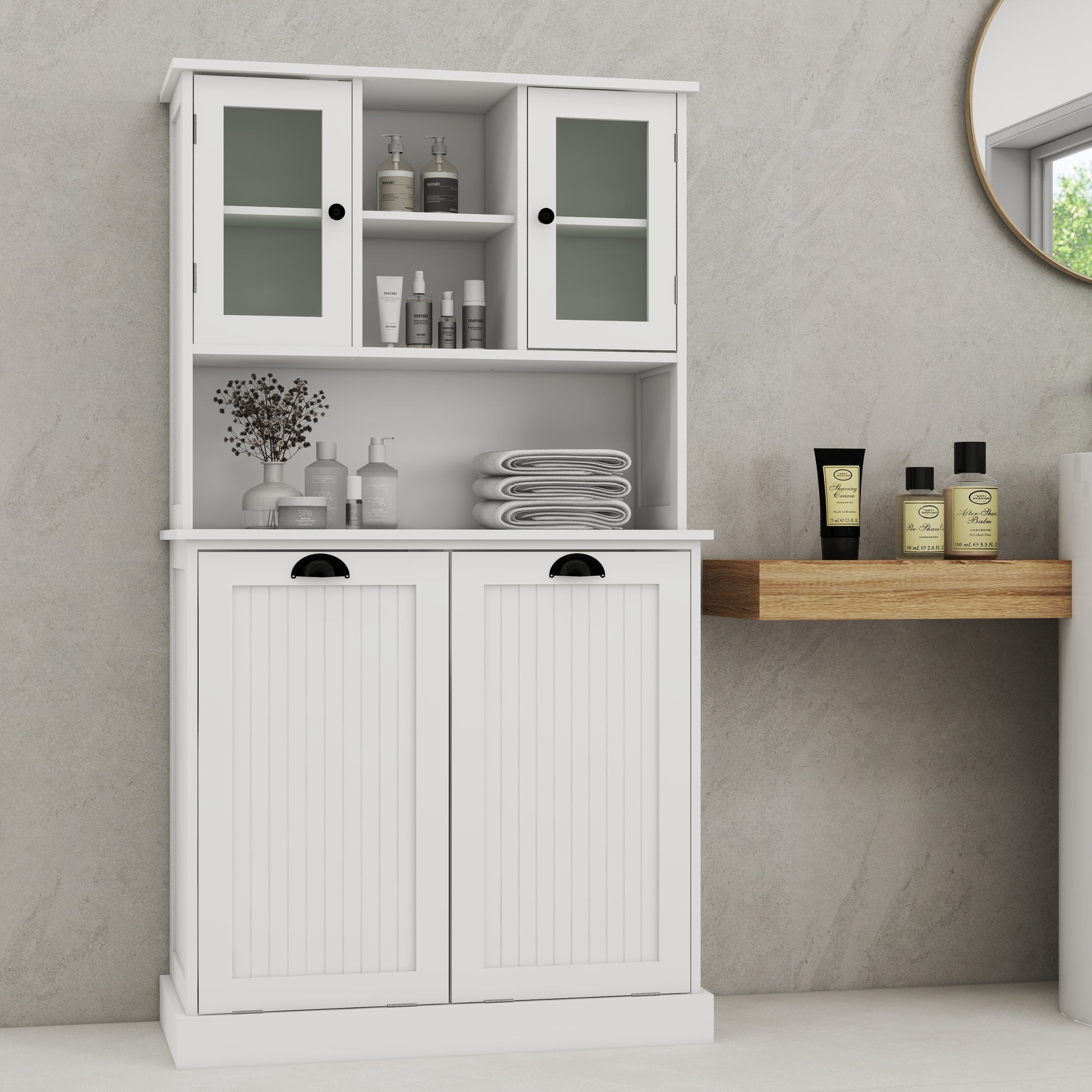 Two Compartment Tilt Out Dirty Laundry Basket Tall Bathroom Cabinet With 2 Adjustable Shelves White White Mdf