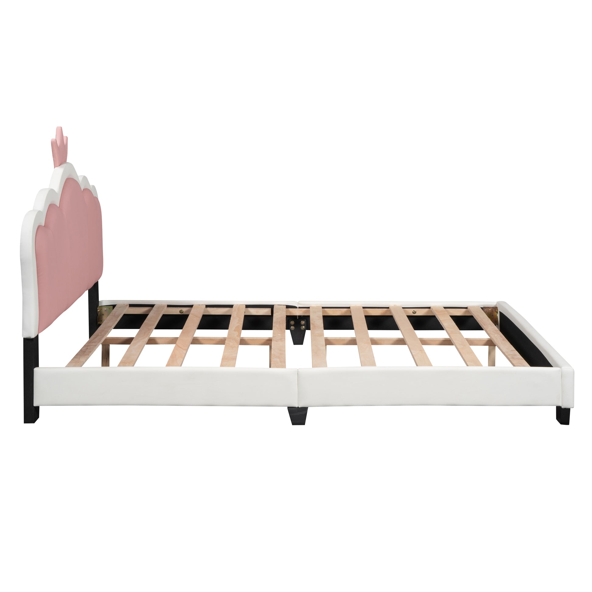 Full Size Upholstered Princess Bed With Crown Headboard,Full Size Platform Bed With Headboard And Footboard, White Pink Full White Pu
