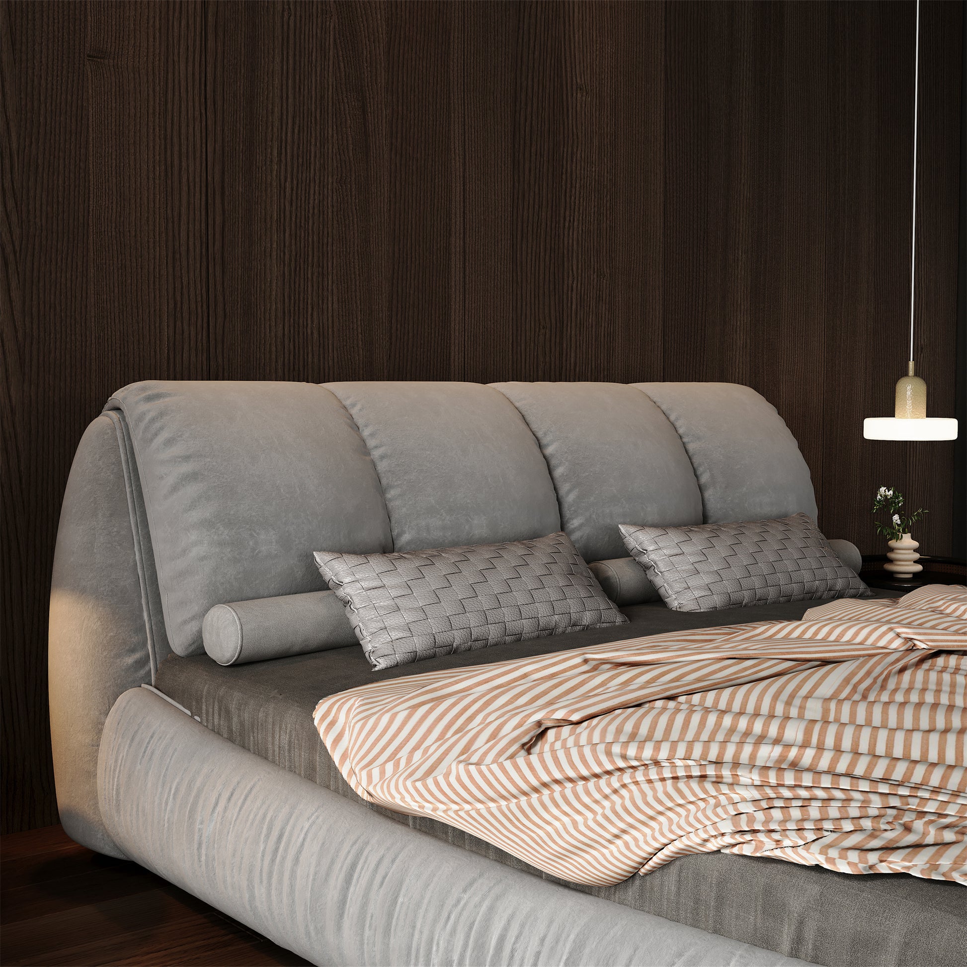 Queen Size Upholstered Platform Bed With Oversized Padded Backrest, Thickening Pinewooden Slats And Solid Wood Leg,Grey Queen Grey Pine Solid Wood