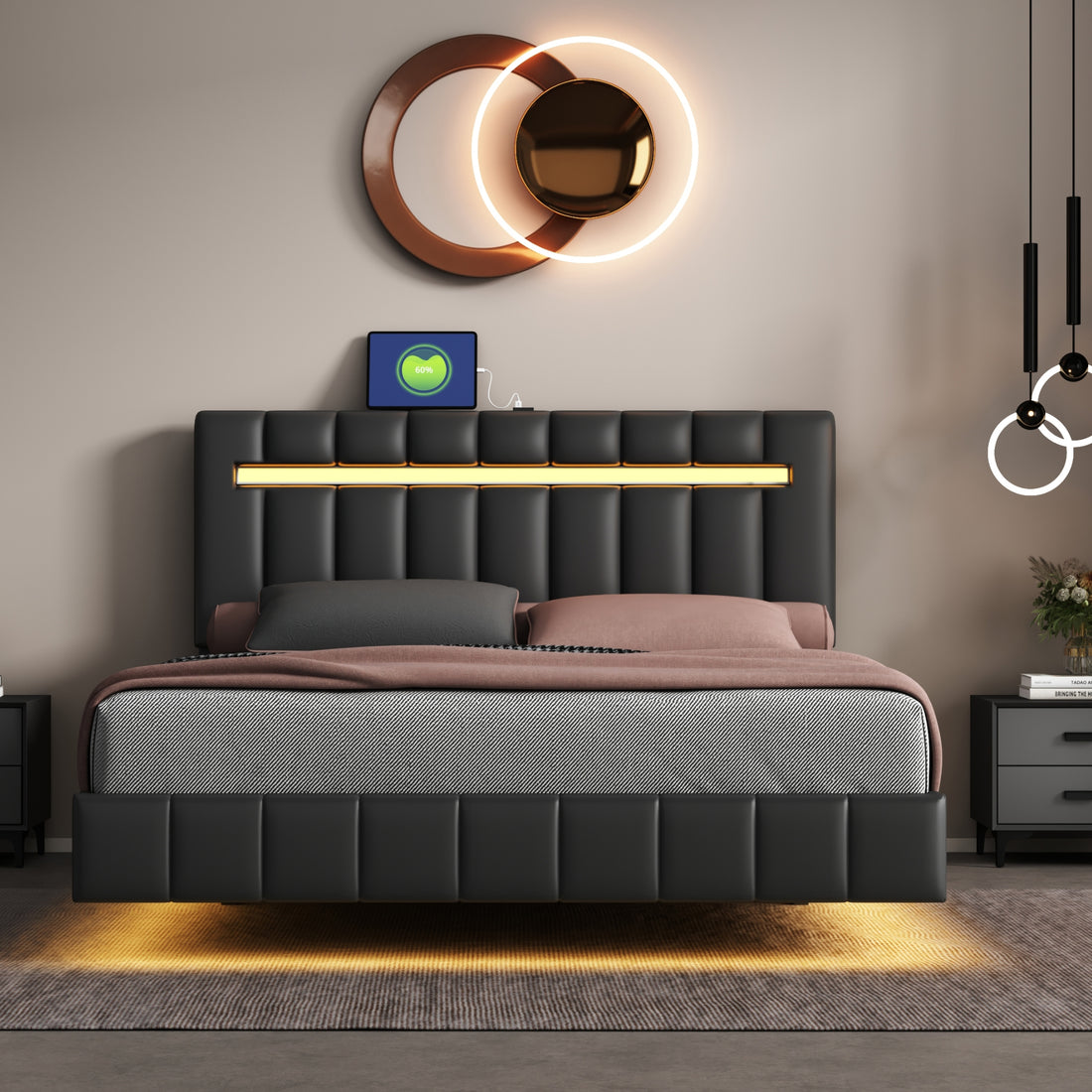 Queen Size Floating Bed Frame With Led Lights And Usb Charging,Modern Upholstered Platform Led Bed Frame,Black Black Pu