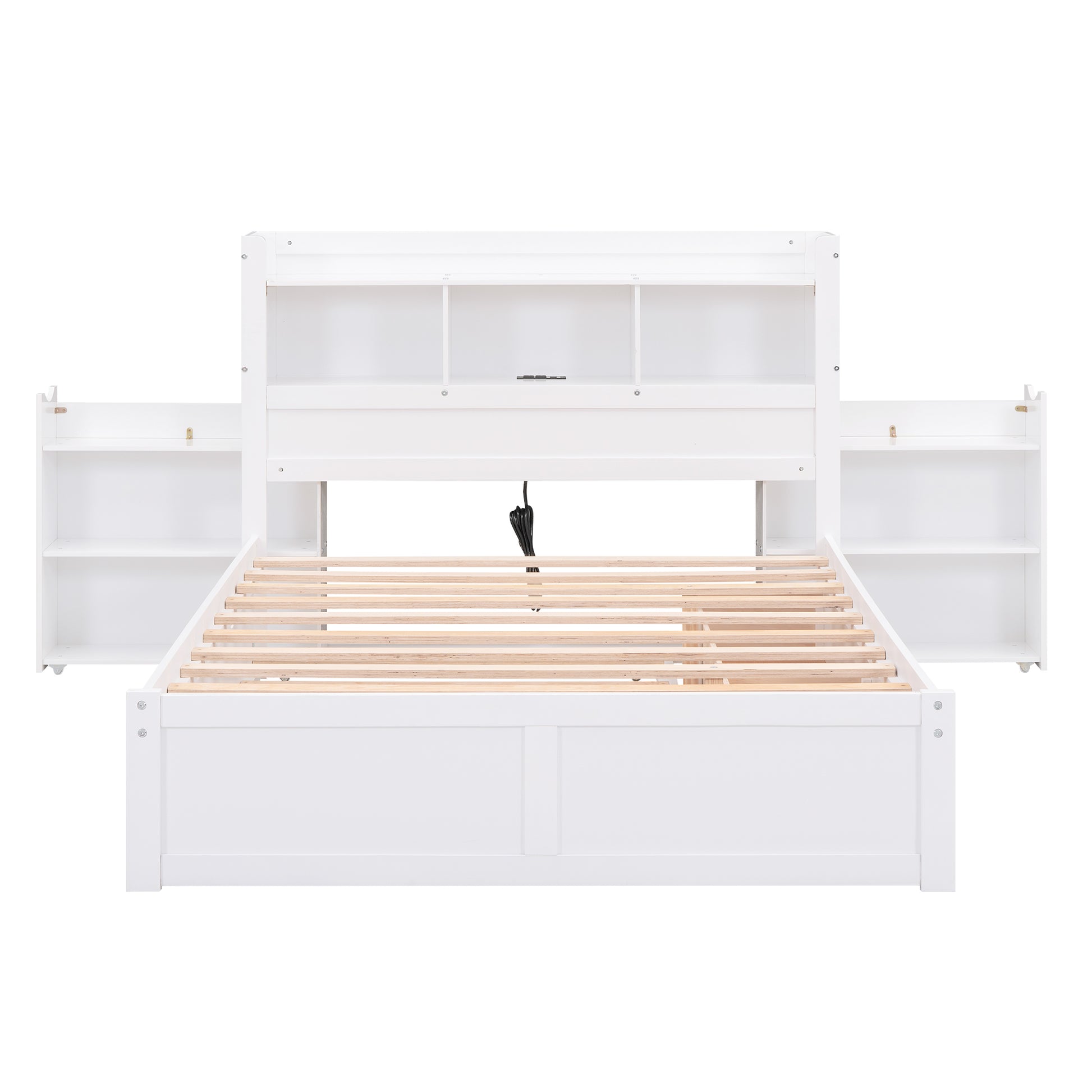 Full Size Storage Platform Bed With Pull Out Shelves, Twin Size Trundle And 2 Drawers, White Box Spring Not Required Full White Wood Bedroom Bed Frame Solid Wood Mdf