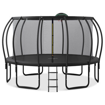 16Ft Trampoline For Kids With Upgraded Arcpole And Composite Toploop For Safety Enclosure, Plus Basketball Board And 12 Ground Stakes, Outdoor Recreational Playset Balance Physical Training Trampoline Black Metal
