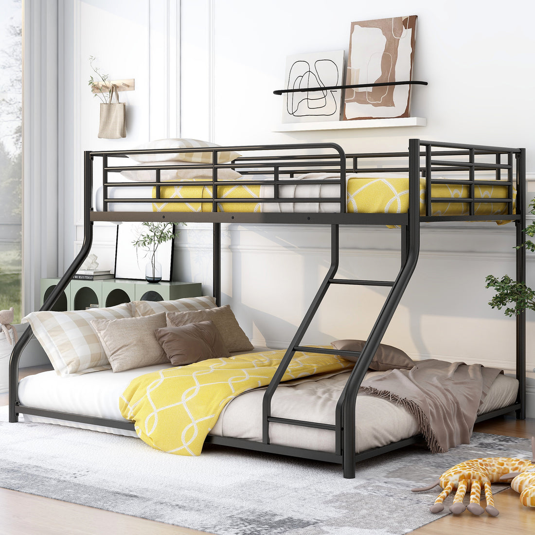 Metal Floor Bunk Bed, Twin Xl Over Queen, Black Black Metal