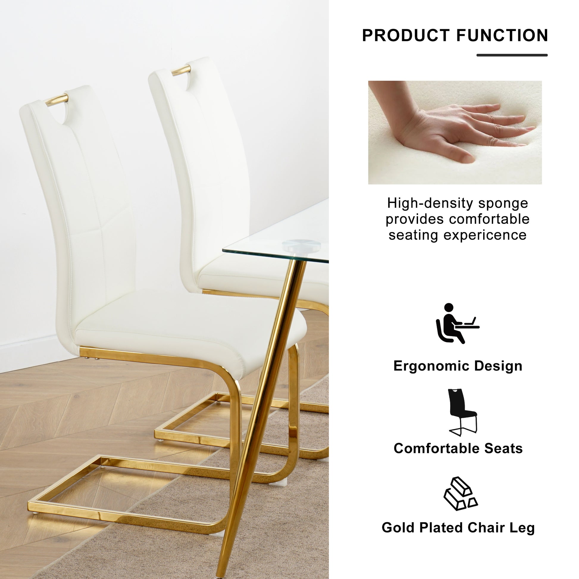 Modern Dining Chairs With Faux Leather Padded Seat Dining Living Room Chairs Upholstered Chair With Gold Metal Legs Design For Kitchen, Living, Bedroom, Dining Room Side Chairs Set Of 4 White Gold Metal