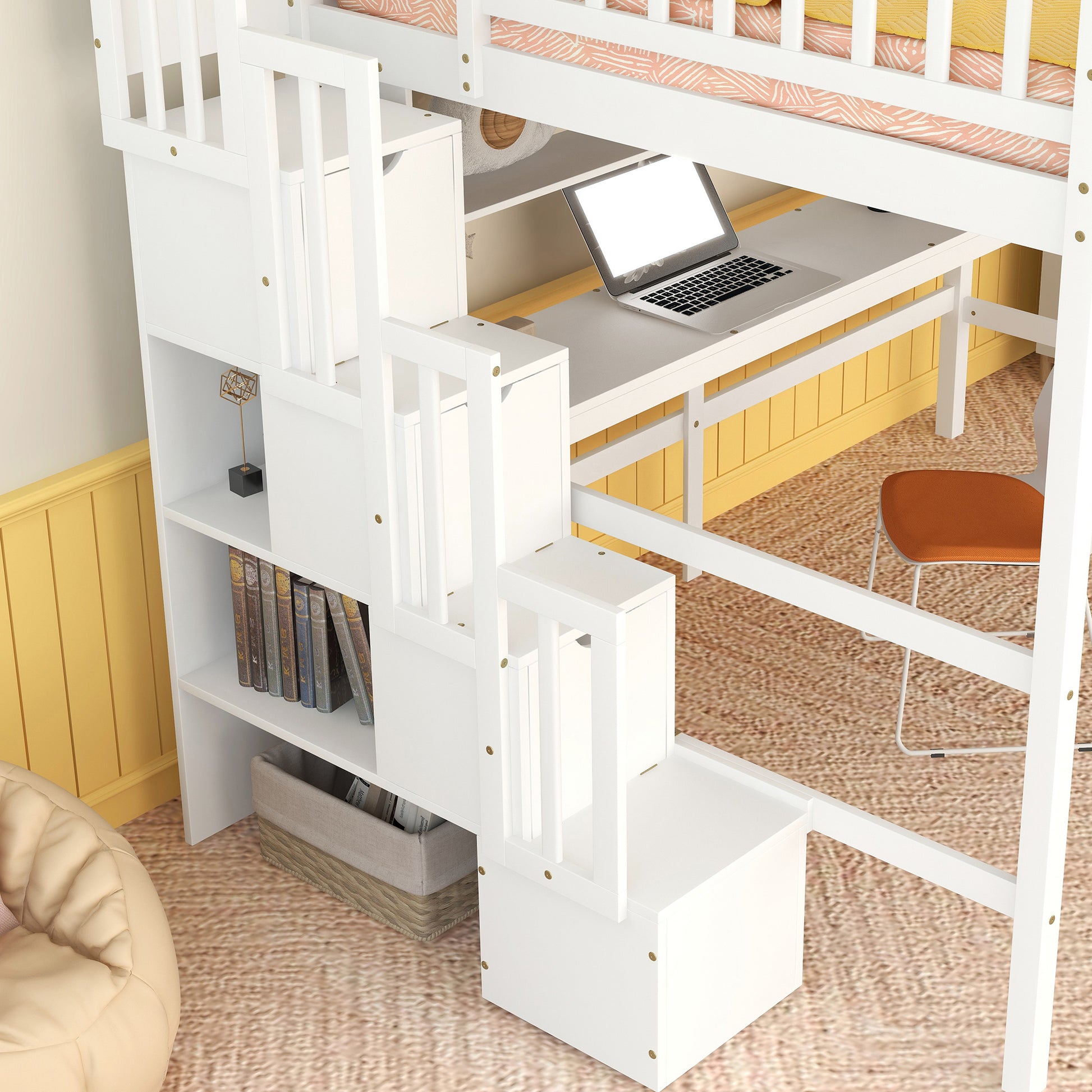 Full Size Loft Bed With Built In Desk, Bookshelves And Storage Staircase,White Old Sku:W504S00110 Full White Pine