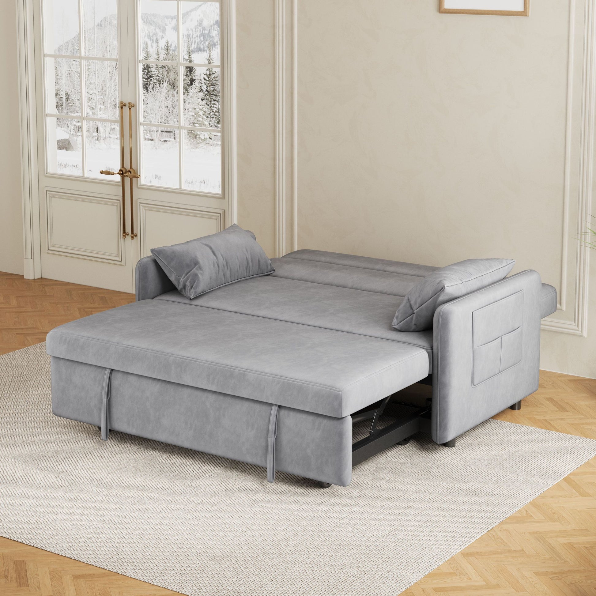 Sofa Pull Out Bed Included Two Pillows 54" Grey Velvet Sofa For Small Spaces Gray Altay Velvet