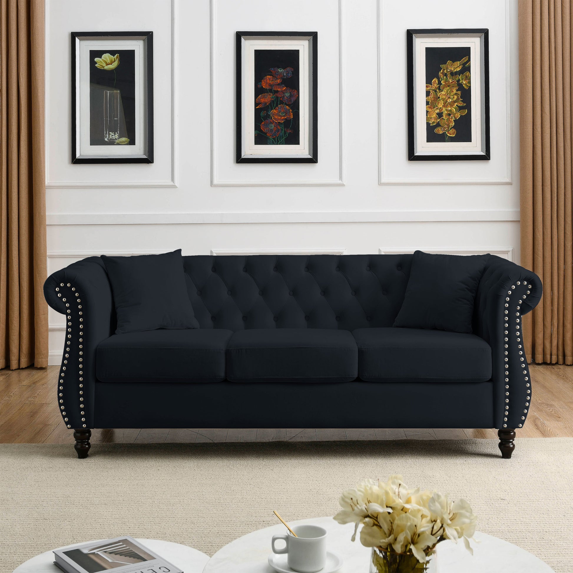 Video 80" Chesterfield Sofa Black Velvet For Living Room, 3 Seater Sofa Tufted Couch With Rolled Arms And For Living Room, Bedroom, Office, Apartment, Two Pillows Black Foam Velvet