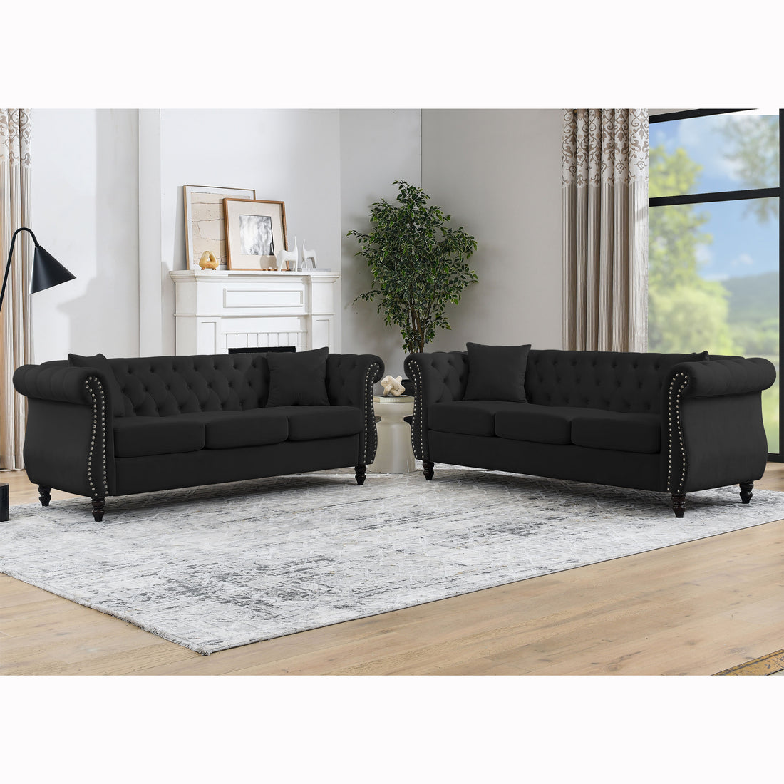 Video 80" Chesterfield Sofa Black Velvet For Living Room, 3 Seater Sofa Tufted Couch With Rolled Arms And For Living Room, Bedroom, Office, Apartment, 3S With 3S Black Foam Velvet