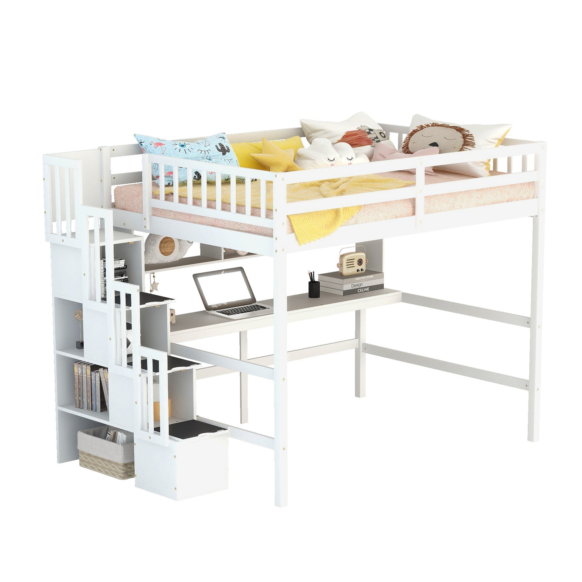 Full Size Loft Bed With Built In Desk, Bookshelves And Storage Staircase,White Old Sku:W504S00110 Full White Pine