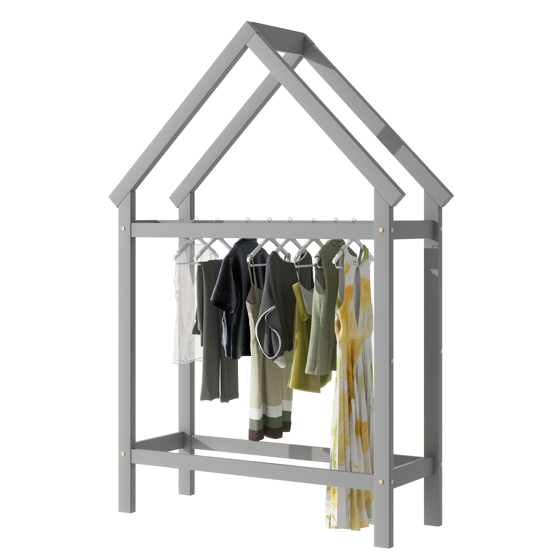 Twin Size Wood House Bed With Storage Shelf And Hanger ,Kids Bedroom Set,Grey Twin Grey Wood Bedroom American Design Pine Pine