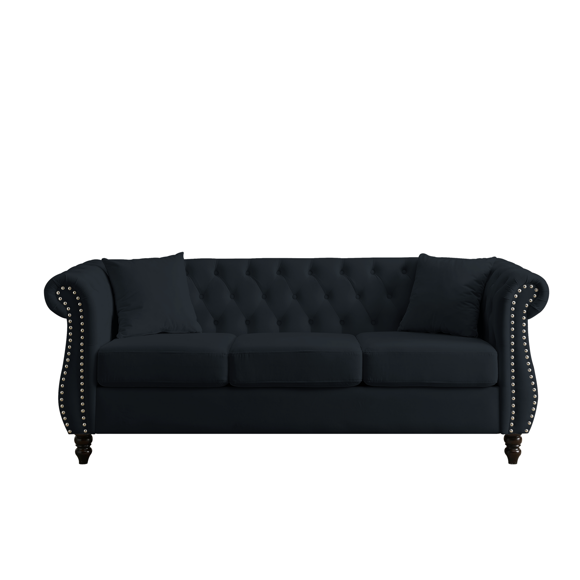 Video 80" Chesterfield Sofa Black Velvet For Living Room, 3 Seater Sofa Tufted Couch With Rolled Arms And For Living Room, Bedroom, Office, Apartment, Two Pillows Black Foam Velvet