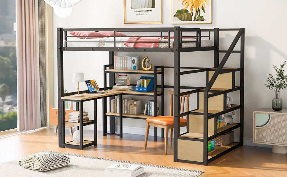 Full Size Metal Loft Bed With Staircase, Built In Desk And Shelves, Black Box Spring Not Required Full Black Metal Bedroom Mdf Metal