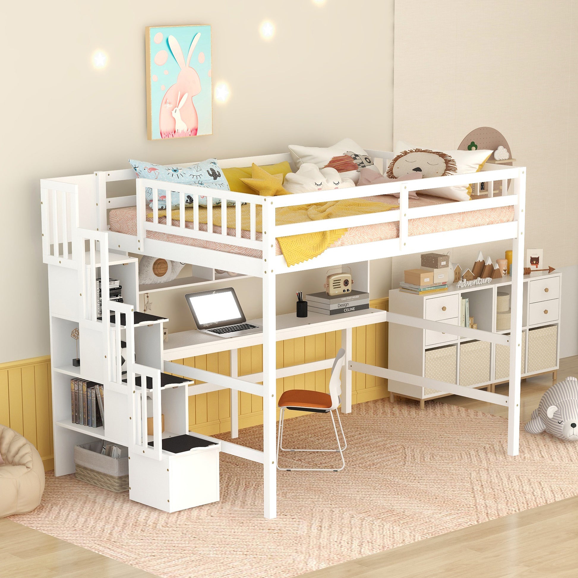 Full Size Loft Bed With Built In Desk, Bookshelves And Storage Staircase,White Old Sku:W504S00110 Full White Pine