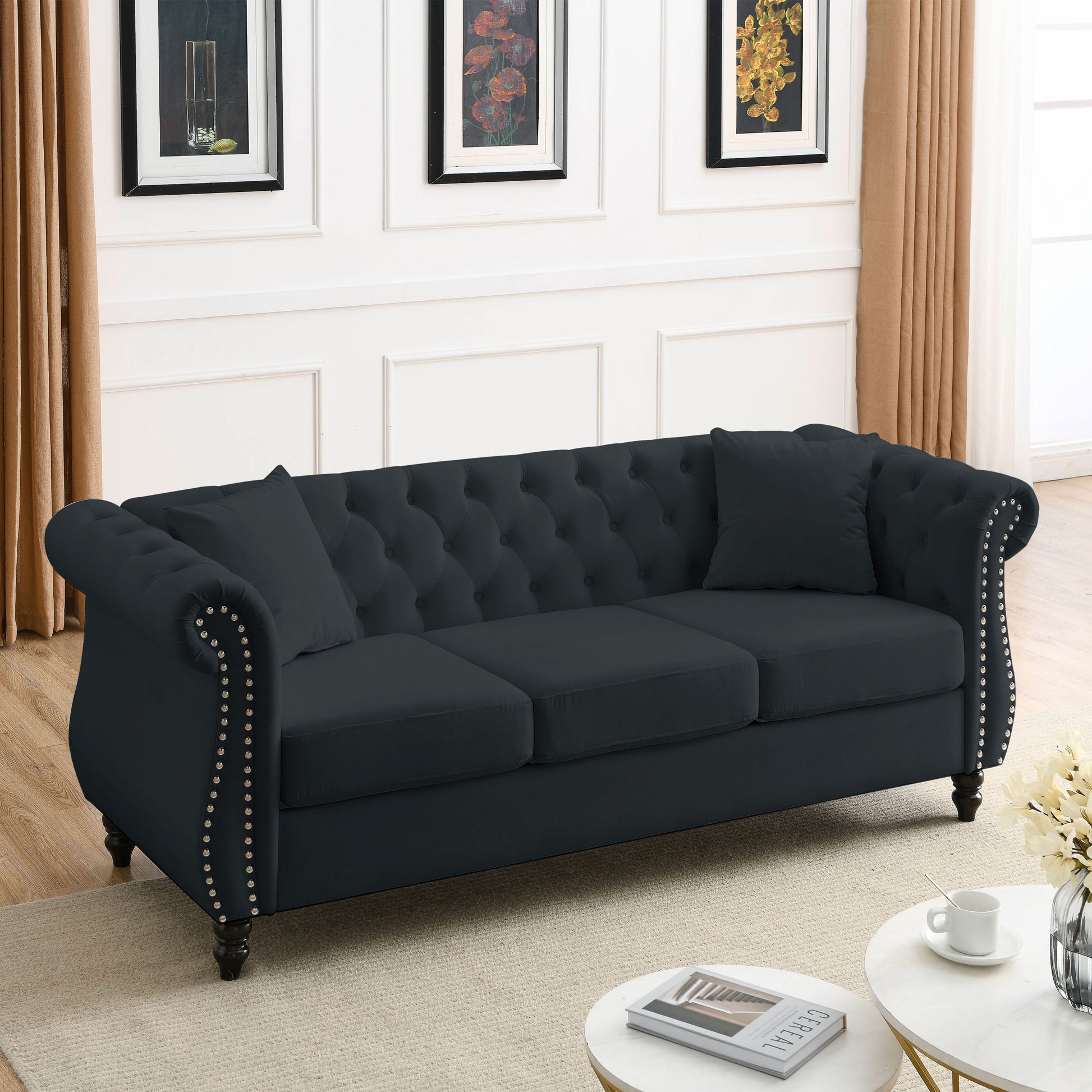Video 80" Chesterfield Sofa Black Velvet For Living Room, 3 Seater Sofa Tufted Couch With Rolled Arms And For Living Room, Bedroom, Office, Apartment, Two Pillows Black Foam Velvet
