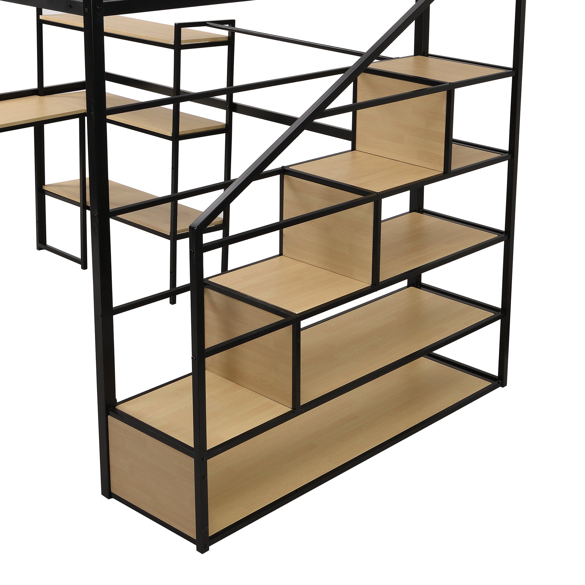 Full Size Metal Loft Bed With Staircase, Built In Desk And Shelves, Black Box Spring Not Required Full Black Metal Bedroom Mdf Metal